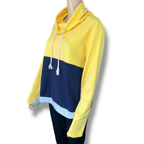 Boutique Womens Sweatshirt Pullover Drawstring Cowl Neck Colorblock Blue Yellow - Picture 5 of 11